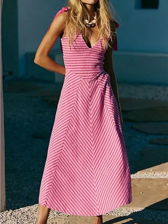 Free People Dresses & Skirts - Free People Pink Cecelia Striped Tie-Shoulder Midi Dress